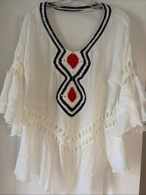 White Boho Tunic with Crocheted Navy & Red Detail